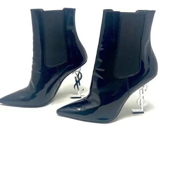 Saint Laurent Glossy Black Heeled Boots - Picture 4 of 13